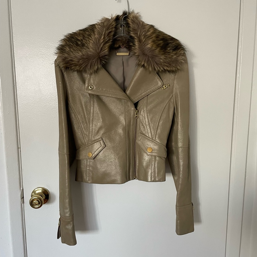 Armani Exchange Gold Leather Jacket with Detachable Faux Fur Collar